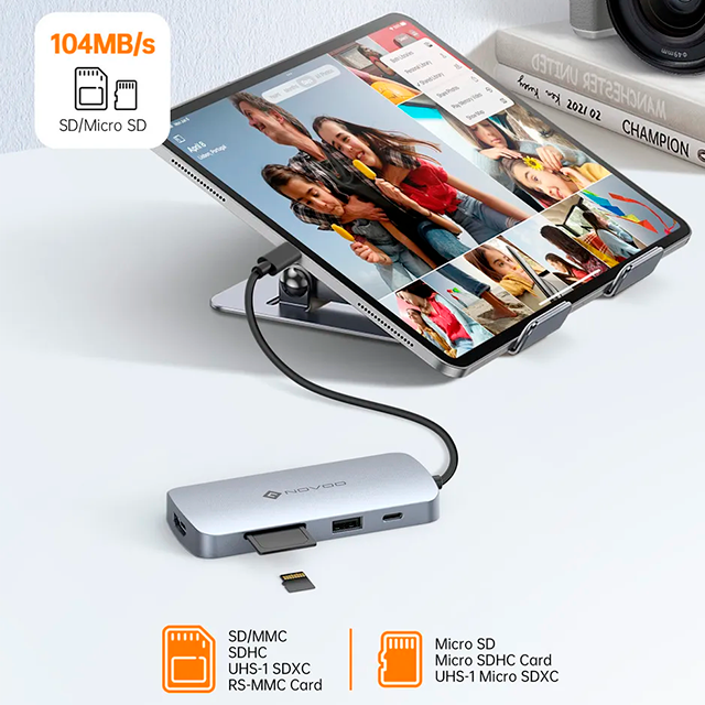 Hub USB-C Novoo 9 en 1, HDMI 4K@60Hz, 3 USB 3.0, 2 USB 2.0, USB-C PD 100W, SD/Micro SD, Cable 20cm, Color Plateado - NH09D-155A