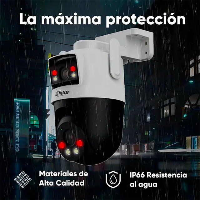 Cámara Dahua IPC-WPT1339DD-SW-3E2-PV, Wi-Fi 6, Doble Lente 3MP+3MP, Pan 352°/Tilt 90°, Luz Blanca + IR, Audio Bidireccional, IP66, microSD 256GB – IPC-WPT1339DD-SW-3E2-PV