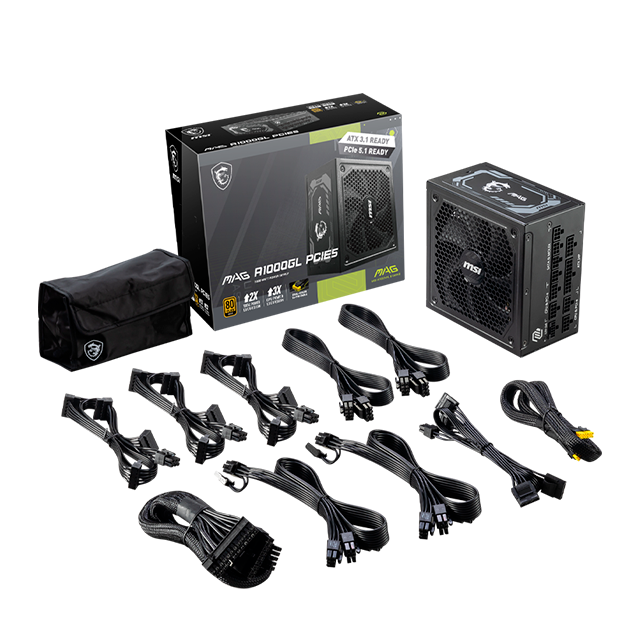 Fuente de Poder MSI MAG A1000GL PCIe5, 1000W, 80 Plus Gold, Modular, ATX 3.0, Compatible con GPU PCIe 5.0 – MAG A1000GL PCIE5