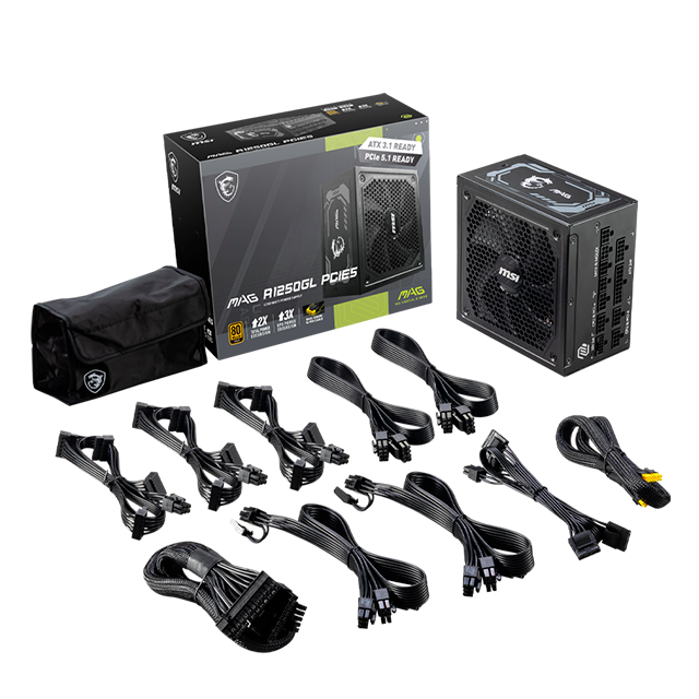 Fuente de Poder MSI MAG A1250GL PCIe5, 1250W, 80 Plus Gold, Modular, ATX 3.0 – MAG A1250GL PCIE5