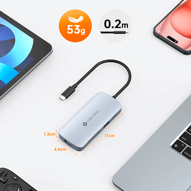 Hub USB-C Novoo 9 en 1, HDMI 4K@60Hz, 3 USB 3.0, 2 USB 2.0, USB-C PD 100W, SD/Micro SD, Cable 20cm, Color Plateado - NH09D-155A