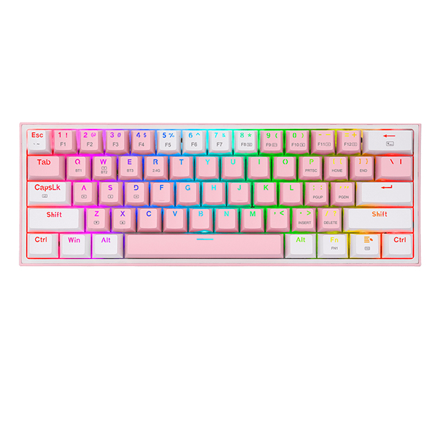 Teclado Gamer Mecánico 60% Redragon Fizz Pro Pink White, Switches Redragon Red, Inalámbrico, USB 2.4Ghz, Bluetooth 5.0, Iluminación RGB, Ingles - K616-RGB PW