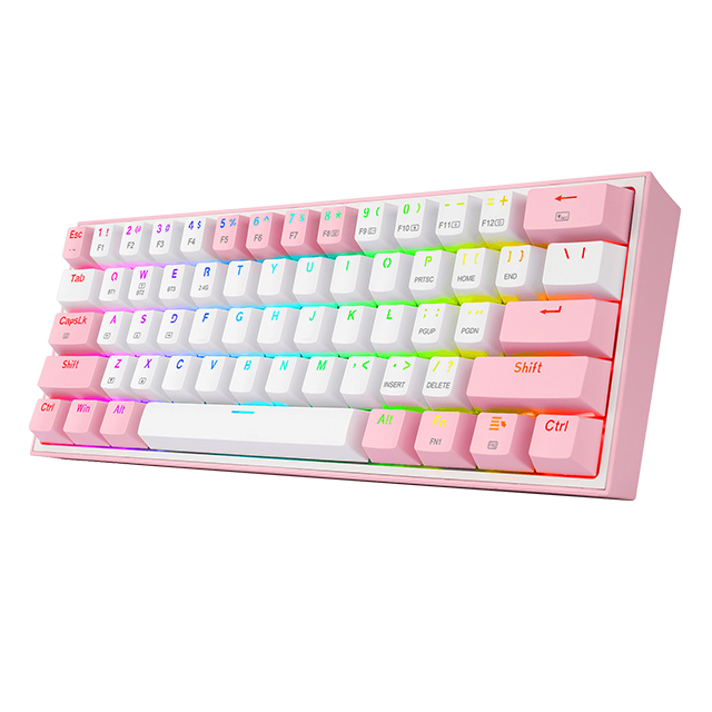 Teclado Gamer Mecánico 60% Redragon Fizz Pro White Pink, Switches Redragon Red, Inalámbrico, USB 2.4Ghz, Bluetooth 5.0, Iluminacion RGB, Ingles - K616-RGB WP