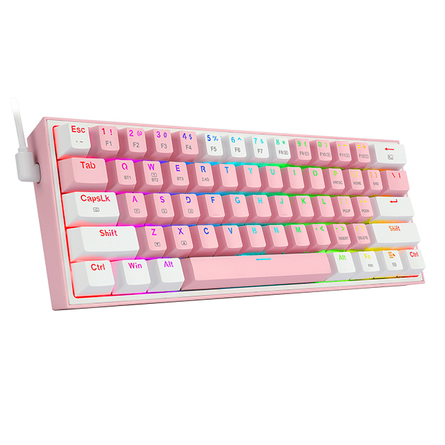 Teclado Gamer Mecánico 60% Redragon Fizz Pro Pink White, Switches Redragon Red, Inalámbrico, USB 2.4Ghz, Bluetooth 5.0, Iluminación RGB, Ingles - K616-RGB PW