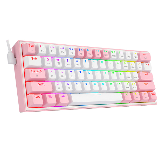 Teclado Gamer Mecánico 60% Redragon Fizz Pro White Pink, Switches Redragon Red, Inalámbrico, USB 2.4Ghz, Bluetooth 5.0, Iluminacion RGB, Ingles - K616-RGB WP