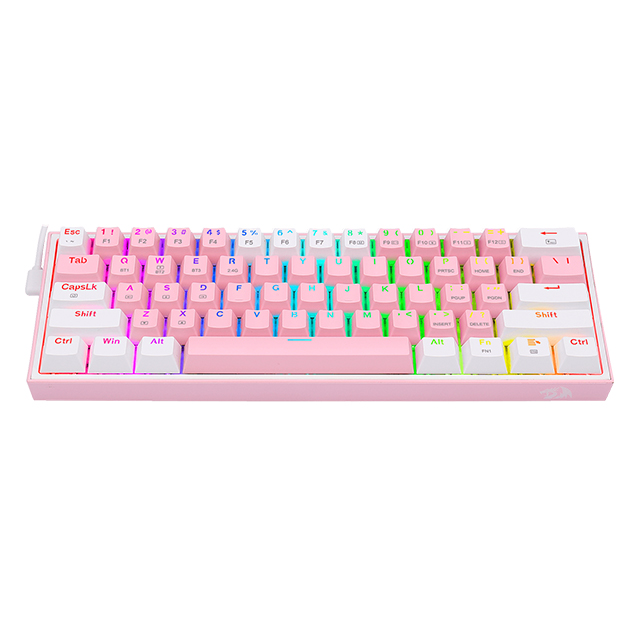 Teclado Gamer Mecánico 60% Redragon Fizz Pro Pink White, Switches Redragon Red, Inalámbrico, USB 2.4Ghz, Bluetooth 5.0, Iluminación RGB, Ingles - K616-RGB PW