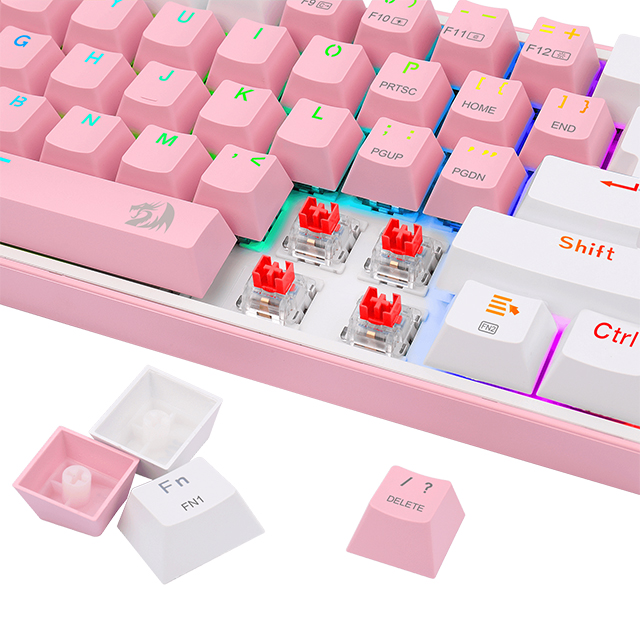 Teclado Gamer Mecánico 60% Redragon Fizz Pro Pink White, Switches Redragon Red, Inalámbrico, USB 2.4Ghz, Bluetooth 5.0, Iluminación RGB, Ingles - K616-RGB PW