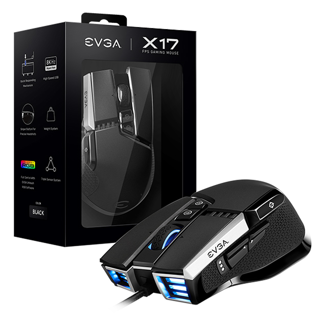 Mouse Gamer EVGA X17, Alámbrico, 16,000 DPI, 10 Botones, Pixart 3389 Optico - 903-W1-17BK-KR