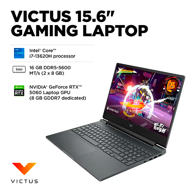 Laptop Gamer HP Victus 15.6”, Full HD IPS 144 Hz, Intel Core i7-13620H, GeForce RTX 5060, 16 GB RAM, 512 GB SSD – 15-FA2787NR
