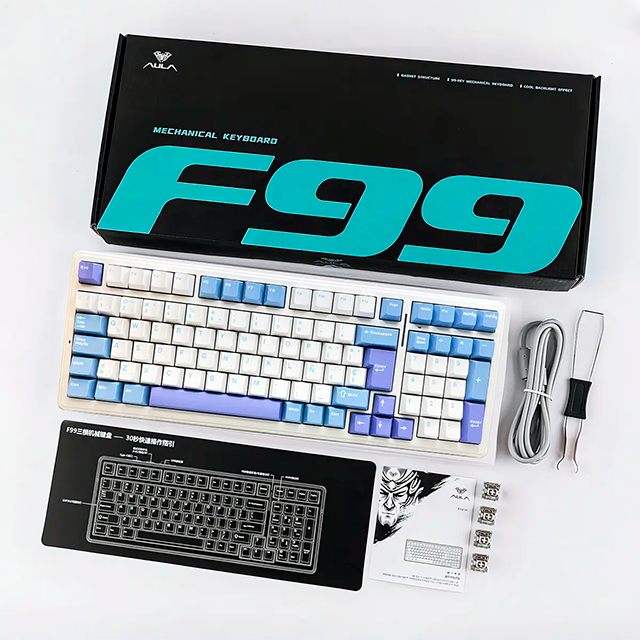 Teclado Mecánico Aula F99, 90%, alámbrico, switches Red, pads absorbentes, RGB, español, blanco/azul/morado – 8500-0005