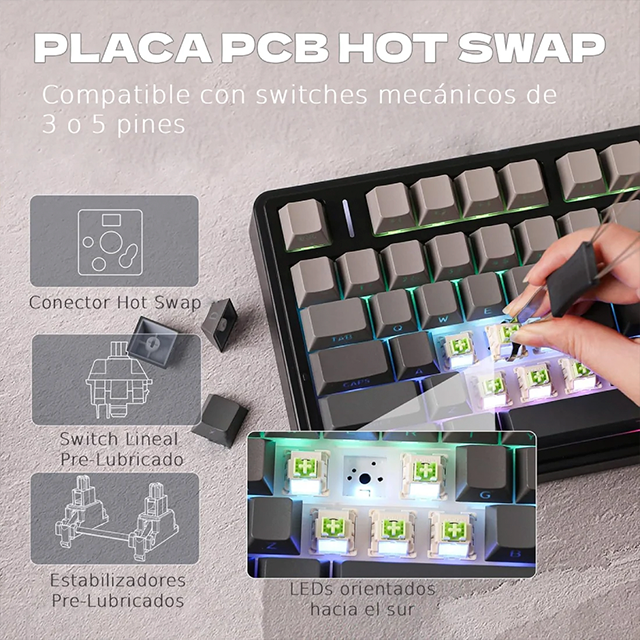 Teclado Mecánico Inalámbrico AULA F75 Pro Black/Gray, 75%, Reaper Switch, Triple Conexión, Gasket, RGB – 8500-0050