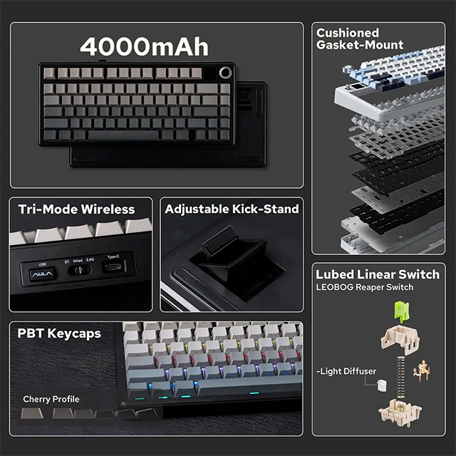 Teclado Mecánico Aula F75 MAX Wireless, 70%, pantalla integrada, triple conexión, switches Reaper, gasket, RGB, negro/gris – 8500-0052