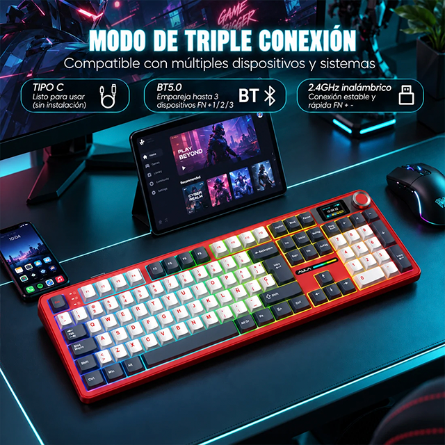 Teclado Mecánico Inalámbrico AULA F108 Pro Red/White/Dark Blue, 100%, Wind Spirit Switch, Triple Conexión, Pantalla LCD 1.14", Hot-Swap, Gasket, RGB – 8500-0082