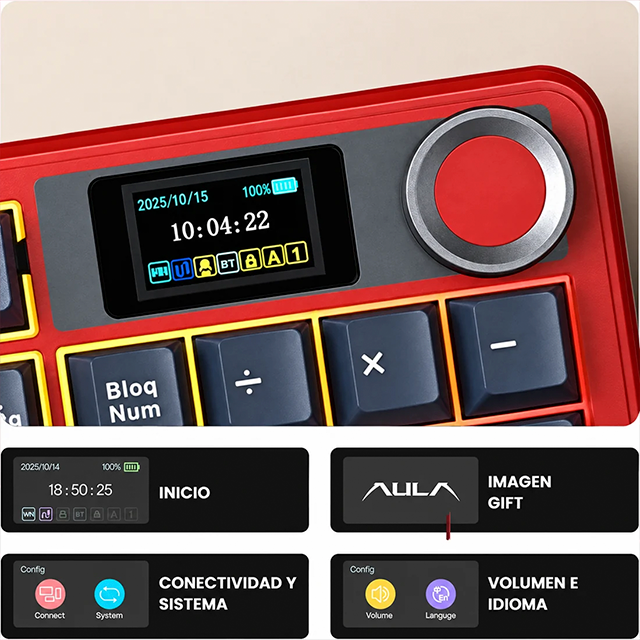 Teclado Mecánico Inalámbrico AULA F108 Pro Red/White/Dark Blue, 100%, Wind Spirit Switch, Triple Conexión, Pantalla LCD 1.14", Hot-Swap, Gasket, RGB – 8500-0082