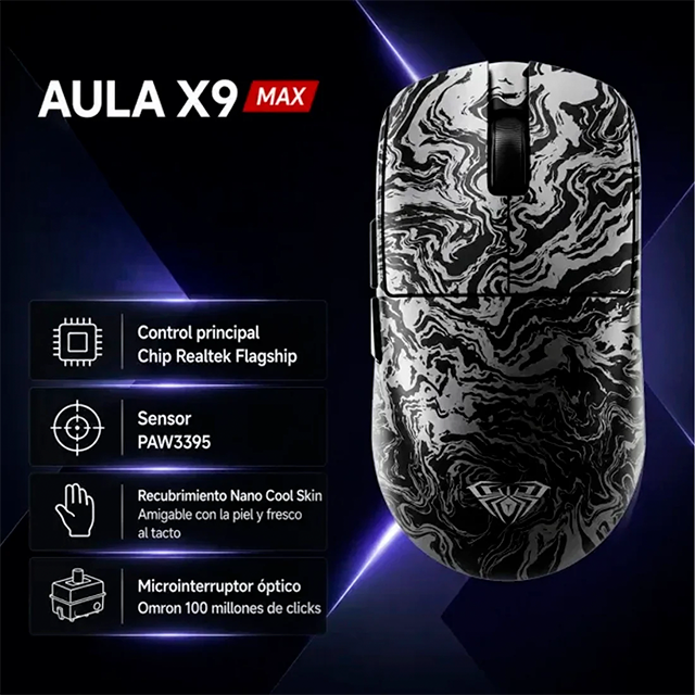 Mouse Gamer Inalámbrico AULA X9 Max Black, 26,000 DPI, PAW3395, 8000 Hz, Tri-Mode, Bluetooth, 2.4 GHz, USB-C – 8500-0121
