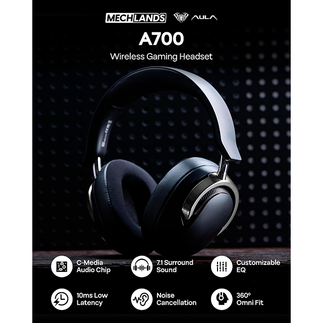 Diadema Gamer AULA A700 Black, inalámbricos tri-mode, Bluetooth/2.4 GHz/USB-C, sonido virtual 7.1, micrófono IA desmontable, RGB – 8500-0208