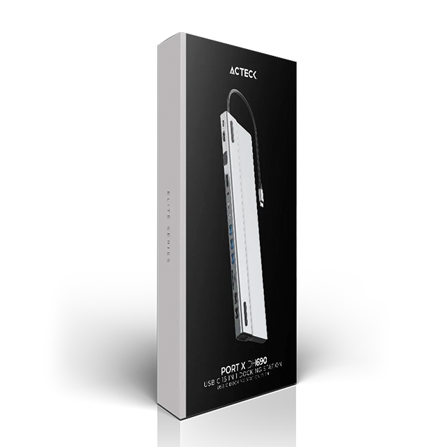 Docking station Port X DH690 14 en 1, USB-A 2.0, USB-A 3.1, USB-C, PD, HDMI, VGA, DP, SD, MicroSD, AUX, Ethernet, Elite plata – AC-932950