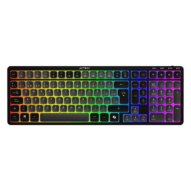 Teclado Mecánico Multidispositivo Acteck Techno Pro TI790, 100%, Switch Morado, 2.4 GHz, Bluetooth, RGB, Recargable, Negro – AC-940061