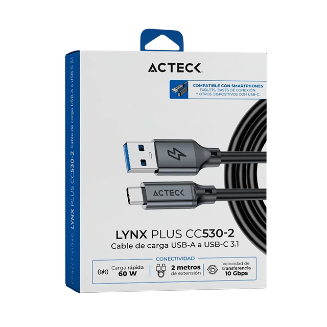 Cable USB-A a USB-C Acteck Lynx Plus CC530-2, USB 3.1, 10 Gbps, 60 W, Carga Rápida, 2 m, Titanio – AC-945172