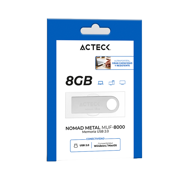Memoria USB Acteck Nomad Metal MUF-8000, 8GB, USB 2.0, lectura 25 MB/s, escritura 5 MB/s, metálica plata – AC-946193