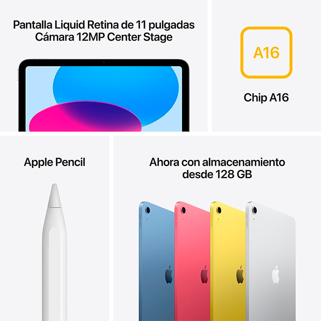 Tablet Apple iPad 11" A16, 128GB, Wi-Fi 6, Liquid Retina, Cámara 12MP, USB-C, Plata – MD3Y4LL/A