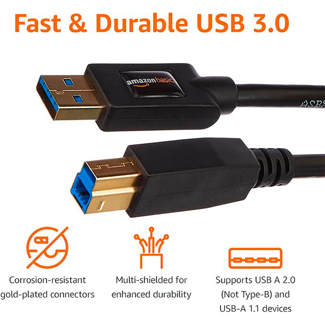 Cable USB-A a USB-B 3.0 Amazon Basics, 4.8 Gbps, Conectores Chapados en Oro, 6 ft, Negro