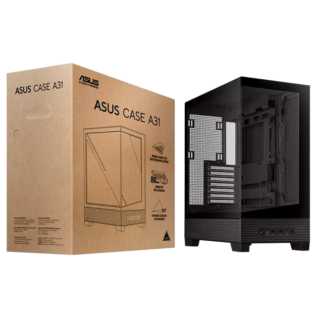 Gabinete ASUS A31 Case Black, Mid Tower, ATX, vidrio templado frontal/lateral, soporte AIO 360 mm, GPU 380 mm – ASUS A31 CASE BK