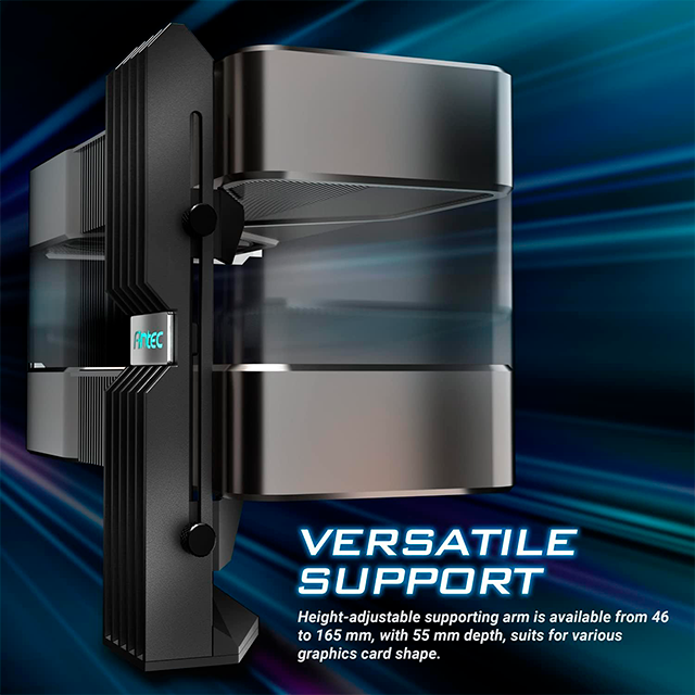 Soporte para Tarjeta de Video ANTEC HOLDER ARGB VERTICAL, Ajuste Vertical, Estructura Metálica, Iluminación ARGB Direccionable, Compatibilidad Universal - AT-GPUH-ARGB-BK