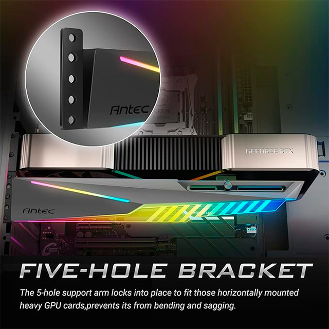 Soporte para Tarjeta de Video ANTEC DAGGER ARGB, Ajustable en Altura, Estructura Metálica, Iluminación ARGB Personalizable, Compatibilidad Universal - AT-HGPUH-ARGB-BK
