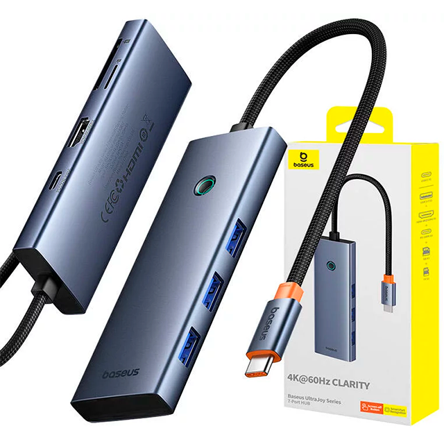 Hub USB-C Baseus Flite Series, 7 Puertos, HDMI 4K 60Hz, USB 3.0, PD, SD/TF – Gris – B00052803811-00