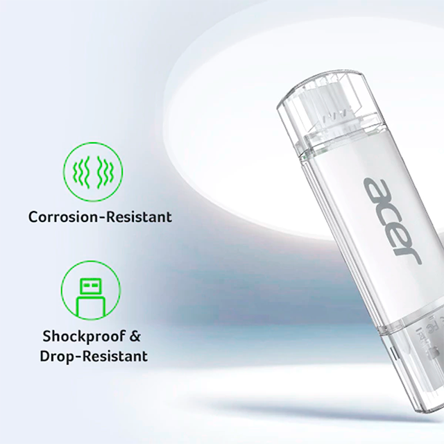 Memoria USB Acer UT300 16GB, USB 3.2 Gen 1, Dual USB-A/USB-C, lectura 150 MB/s, escritura 90 MB/s – BL.9BWWA.587