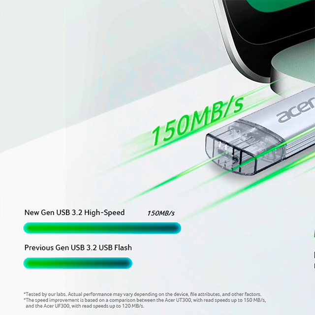 Memoria USB Acer UT300 16GB, USB 3.2 Gen 1, Dual USB-A/USB-C, lectura 150 MB/s, escritura 90 MB/s – BL.9BWWA.587