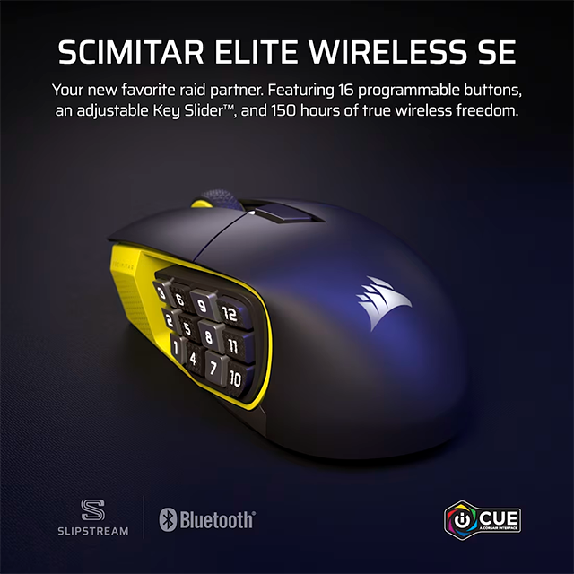 Mouse Óptico Corsair Scimitar Elite Wireless, Inalámbrico, Sensor 26,000 DPI, Panel Lateral 12 Botones, Negro/Amarillo – CH-9314415-WW