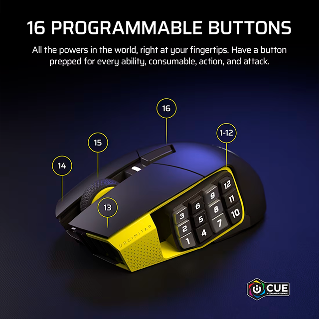 Mouse Óptico Corsair Scimitar Elite Wireless, Inalámbrico, Sensor 26,000 DPI, Panel Lateral 12 Botones, Negro/Amarillo – CH-9314415-WW