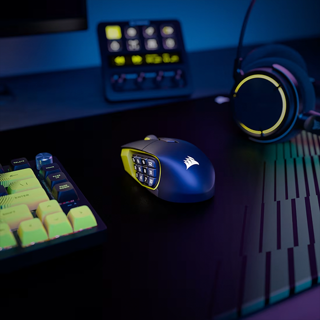 Mouse Óptico Corsair Scimitar Elite Wireless, Inalámbrico, Sensor 26,000 DPI, Panel Lateral 12 Botones, Negro/Amarillo – CH-9314415-WW