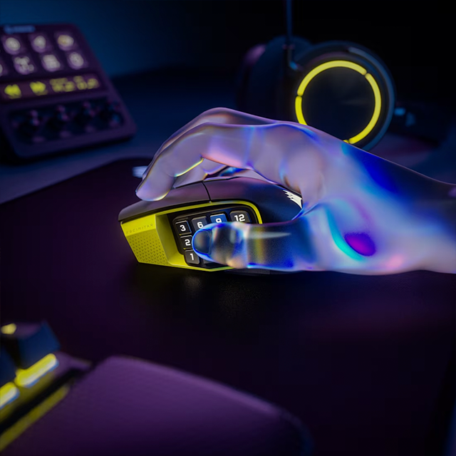 Mouse Óptico Corsair Scimitar Elite Wireless, Inalámbrico, Sensor 26,000 DPI, Panel Lateral 12 Botones, Negro/Amarillo – CH-9314415-WW