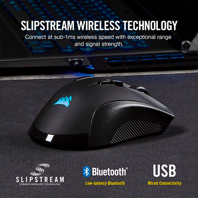 Mouse Gamer Corsair Ironclaw RGB Wireless, Óptico 18,000 DPI, Inalámbrico RF/BT y USB, 7 Botones Programables, iCUE, Negro - CH-9317011-NA