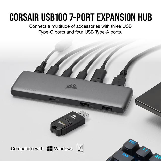 Hub Corsair USB-C de 7 Puertos, Expansión de Conectividad, Versión NA – CU-9000003-NA