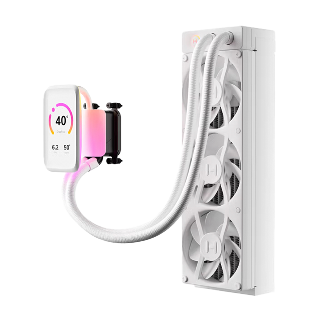 Enfriamiento Líquido HYTE THICC Q80 Trio, 360 mm, Pantalla IPS 5" 720p 60 Hz, 3× Ventiladores 120 mm, 3000 RPM, ARGB, Blanco – FAN-HYTE-Q80T-WW