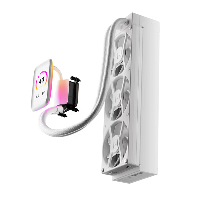 Enfriamiento Líquido HYTE THICC Q80 Trio, 360 mm, Pantalla IPS 5" 720p 60 Hz, 3× Ventiladores 120 mm, 3000 RPM, ARGB, Blanco – FAN-HYTE-Q80T-WW