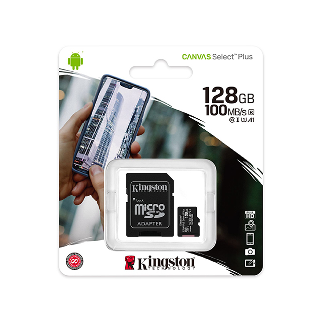Memoria Micro SD Kingston Canvas Select Plus, 128GB, 100MB/seg Lectura, Velocidad de clase UHS-I, U1, V10, SDCS2/128GB