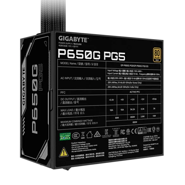 Fuente de Poder Gigabyte 650W, 80 Plus Gold, ATX 3.0 - GP-P650G-PG5
