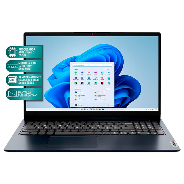 Laptop Lenovo IdeaPad 1 15AMN7, 15.6", Full HD, Ryzen 5 7520U, 16GB RAM, 256GB SSD, Windows 11 – 82VG