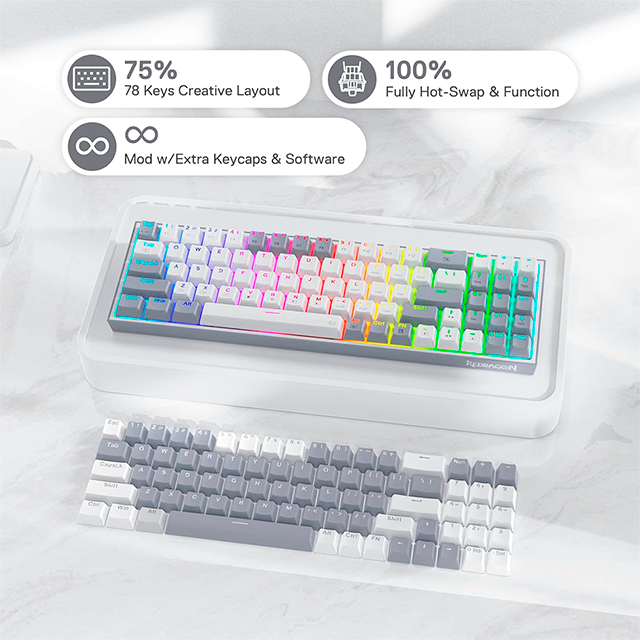 Teclado Mecánico Gamer POLLUX, 75%, Español, Alámbrico, Switch Rojo, Retroiluminación RGB, Diseño Compacto con Pad Numérico, Color White/Gray - POLLUX-WG