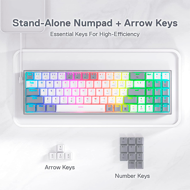 Teclado Mecánico Gamer POLLUX, 75%, Español, Alámbrico, Switch Rojo, Retroiluminación RGB, Diseño Compacto con Pad Numérico, Color White/Gray - POLLUX-WG