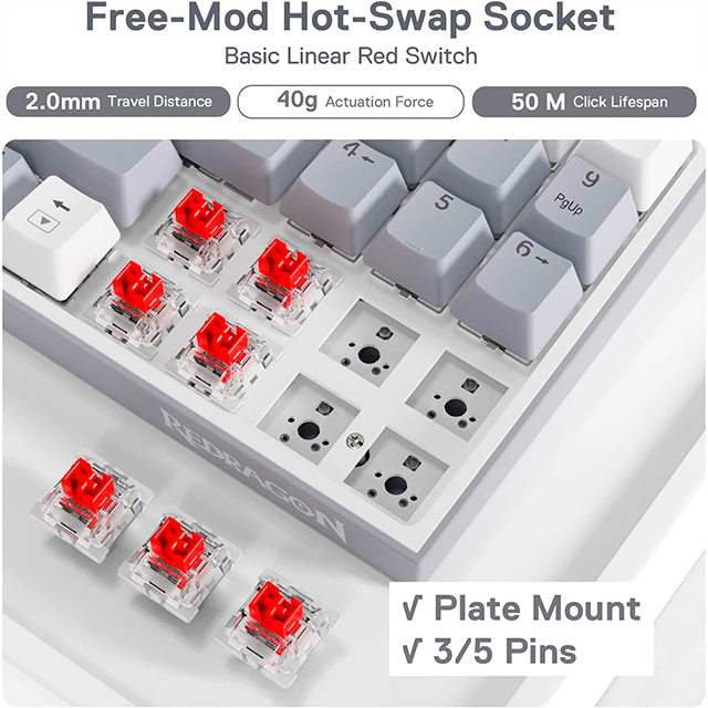 Teclado Mecánico Gamer POLLUX, 75%, Español, Alámbrico, Switch Rojo, Retroiluminación RGB, Diseño Compacto con Pad Numérico, Color White/Gray - POLLUX-WG