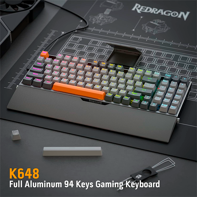 Teclado Mecánico Gamer Redragon OLAF K648 90% , Alámbrico USB-C, Hot-Swap, Marco de Aluminio, RGB – K648GG-RGB RED