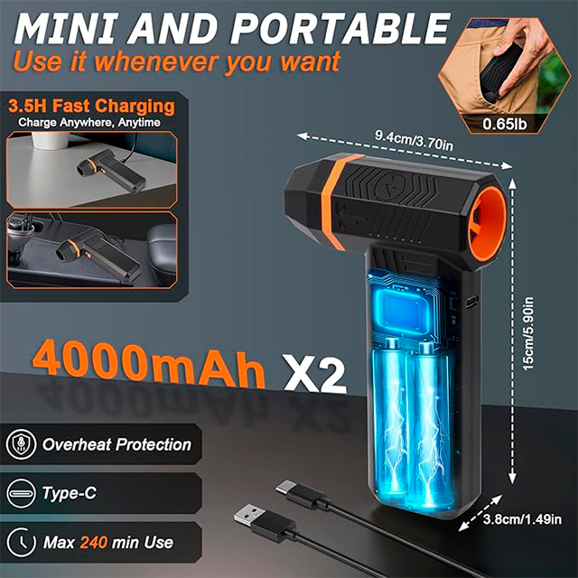 Soplador de Aire Inalámbrico Longzhuo L1-M, 200,000 RPM, 4 boquillas, batería 4000 mAh, USB-C, LCD – L1-M
