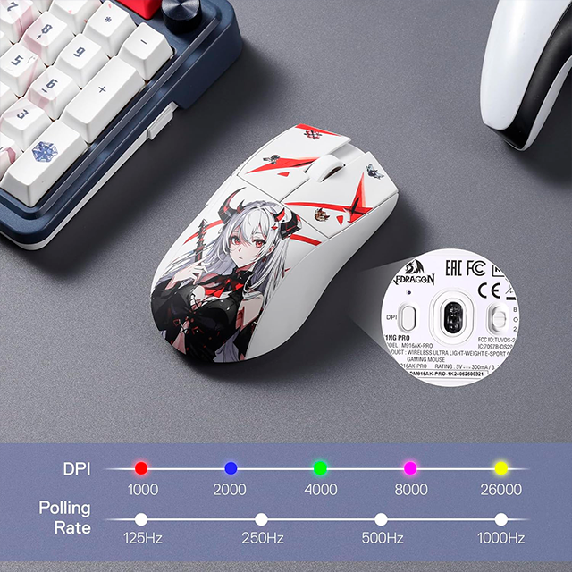 Mouse Gaming K1NG Pro 1K Anime Design, inalámbrico/alámbrico, 26,000 DPI, 1000 Hz, 50 g – M916AK-PRO