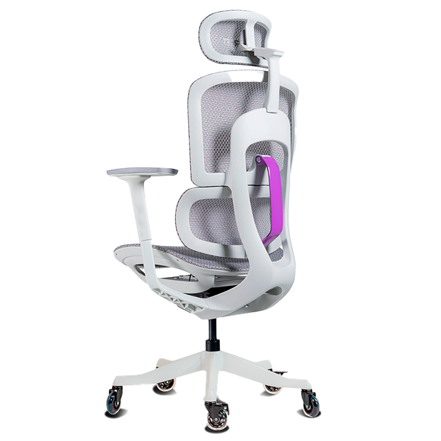 Silla Gamer Munfrost NEO, reclinable, soporte lumbar ajustable, ruedas tipo patín, hasta 180 kg, blanco/gris con morado - MFMSINEW